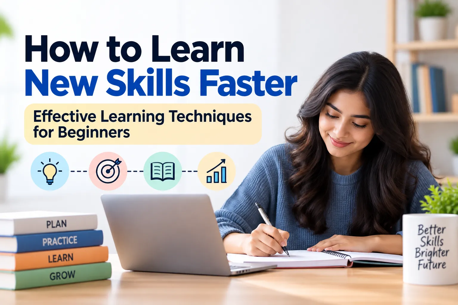 Learning new skills can open doors to better career opportunities, academic success, and personal growth. Whether you want to learn a language, improve your computer skills, master cooking, or explore a new hobby, the right approach can make the process easier and more productive. However, many beginners struggle to stay focused, remember information, and turn knowledge into practical skills. Spending hours watching tutorials or rereading notes does not always lead to meaningful progress. The good news is that you can improve your learning process with simple, research-informed strategies. Understanding how to learn new skills faster can help you use your time wisely, remember more information, and build skills through consistent practice. Why Learning New Skills Efficiently Matters Effective learning helps you make better use of your time and effort. Instead of repeatedly studying the same material, you can focus on understanding, remembering, and applying what you learn. Here are some important benefits: Save time: Focused practice helps you spend less time on activities that offer little progress. Remember information longer: Regular review helps strengthen your memory. Build confidence: Small achievements encourage you to continue learning. Apply knowledge: Practical exercises help you use what you learn in real situations. Support lifelong learning: Effective learning habits help you adapt to changing personal and professional needs. Learning efficiently does not mean rushing through everything. It means choosing strategies that help you make steady, meaningful progress. 7 Effective Learning Techniques for Beginners 1. Set Clear and Achievable Learning Goals Before learning a new skill, decide what you want to achieve. Clear goals give your practice sessions direction and help you measure progress. For example, instead of saying, "I want to improve my English," set a specific goal: "I will learn 10 new English words every day and use five of them in sentences." You can make your goals more manageable by breaking a large objective into smaller tasks. Try these steps: Identify the skill you want to develop. Decide what you want to accomplish first. Set a realistic deadline. Track your progress regularly. Small, measurable goals make challenging skills feel more manageable and help you stay motivated. 2. Practice Active Learning Active learning requires you to work with information rather than simply read or watch it. For example, after watching a programming tutorial, close the video and write a small program yourself. After reading a chapter, explain its main ideas in your own words. Useful active learning techniques include: Answering questions without looking at your notes. Solving practice problems. Summarizing information from memory. Asking questions about unfamiliar concepts. Teaching a topic to another person. One particularly useful method is active recall. It involves retrieving information from memory instead of immediately checking the answer. This process helps you identify knowledge gaps and gives you an opportunity to strengthen your understanding. 3. Use Spaced Repetition Spaced repetition involves reviewing information across several sessions rather than studying everything at once. When you revisit material after increasing intervals, you give yourself opportunities to retrieve and reinforce what you learned. For example, if you learn new vocabulary on Monday, you might review it on Tuesday, Thursday, the following Monday, and again two weeks later. A simple revision schedule could look like this: Day 1: Learn the material. Day 2: Review it from memory. Day 4: Test yourself again. Day 7: Complete another review. Day 14: Check how much you remember. Adjust this schedule according to how difficult the material feels and how well you remember it. Spaced repetition works particularly well for vocabulary, definitions, formulas, and factual information. For practical skills, combine it with hands-on practice. 4. Break Complex Skills into Smaller Steps A difficult skill can feel overwhelming when you try to learn everything at once. Breaking it into smaller tasks makes it easier to focus on one challenge at a time. For example, a beginner learning web development could follow this sequence: Understand basic HTML. Learn common HTML elements. Practice CSS fundamentals. Build a simple webpage. Add basic JavaScript. Create a small project using the skills learned. The same principle applies to writing, cooking, public speaking, and learning a musical instrument. Focus on one manageable task, practice until you understand it reasonably well, and then move to the next step. 5. Practice Consistently Regular practice helps you maintain momentum and identify areas that need improvement. You do not always need long study sessions. A focused 20-minute session can be useful when you have a clear goal and actively practice the skill. For example, you could spend 20 minutes each day learning a language, solving mathematics problems, or practicing keyboard shortcuts. Build a routine that fits your schedule. Choose a consistent time, prepare your learning materials in advance, and set a realistic daily target. Remember that consistency matters, but practice quality matters too. Repeating the same mistake without correcting it will not necessarily improve your performance. 6. Learn by Doing Reading and watching demonstrations can introduce you to a skill, but practical experience helps you apply it. If you want to improve your public speaking, practice delivering a short speech instead of only watching presentation videos. If you want to learn cooking, prepare a simple recipe. And if you want to improve your computer skills, complete a real task using the software. Hands-on practice allows you to discover problems, test ideas, and develop confidence. Start with small projects that match your current ability. Increase the difficulty gradually as you become more comfortable. 7. Get Feedback and Learn from Mistakes Mistakes provide useful information about what you need to improve. Feedback from teachers, experienced learners, colleagues, or reliable assessment tools can help you identify weaknesses that you might overlook yourself. For example, an English learner could record a short speech, review pronunciation, and ask a teacher to identify areas for improvement. Use this simple process: Practice the skill. Identify what went wrong. Ask for specific feedback. Correct the problem. Repeat the exercise. Avoid treating mistakes as proof that you cannot learn something. Instead, use them to adjust your approach and guide your next practice session. Best Learning Techniques at a Glance Learning TechniqueHow It HelpsBeginner-Friendly ExampleActive recallStrengthens retrieval and reveals gapsAnswer questions without notesSpaced repetitionSupports long-term retentionReview vocabulary across several daysHands-on practiceBuilds practical abilityCreate a simple websiteBreaking tasks into stepsMakes complex skills manageableLearn coding concepts one at a timeTeaching othersReveals gaps in understandingExplain a topic to a friend You do not need to use every technique in every session. Choose the methods that suit your goal and combine them when useful. How to Create a Daily Learning Routine A simple routine can help beginners turn learning into a sustainable habit. Follow these steps: Choose one skill: Focus on a single priority instead of dividing your attention among too many goals. Schedule 20–30 minutes: Pick a realistic time that you can maintain consistently. Remove distractions: Silence unnecessary notifications and prepare your materials. Review previous lessons: Spend a few minutes recalling what you learned earlier. Track progress: Record completed tasks, mistakes, and areas that need more practice. Take breaks when needed: Rest when your concentration drops, and maintain healthy sleep habits. Here is an example of a 30-minute learning session: TimeActivity5 minutesReview previously learned material15 minutesPractice a new concept or skill5 minutesTest yourself without notes5 minutesReview mistakes and plan the next session Adjust the schedule to suit your learning goal. A complex practical task may need a longer session, while a vocabulary review may require less time. Common Learning Mistakes to Avoid Even motivated learners can slow their progress by using ineffective habits. Learning too many skills at once: Choose one main priority and add other goals when your routine becomes manageable. Studying without a clear goal: Decide what you want to understand or accomplish before each session. Watching tutorials without practicing: Apply each important lesson through an exercise or small project. Expecting instant results: Set realistic expectations and measure progress over time. Ignoring feedback: Review your mistakes and change your approach when necessary. Sacrificing sleep to study longer: Protect your sleep because it supports memory, attention, and learning. The goal is not to study every available minute. The goal is to make each learning session useful. Frequently Asked Questions 1. What is the fastest way to learn a new skill? Set a clear goal, break the skill into manageable steps, practice actively, test yourself, and seek feedback. Combine hands-on practice with regular review to improve your progress. 2. How many minutes should beginners practice daily? Beginners can start with 20–30 minutes of focused practice each day. Adjust the duration according to your schedule, energy, and the difficulty of the skill. 3. Is active learning better than passive learning? Active learning often improves retention and understanding because it requires you to retrieve, apply, or explain information. Passive activities, such as reading and watching demonstrations, can still help when you combine them with practice. 4. How can I remember what I learn for longer? Use active recall and spaced repetition. Test yourself without notes, review difficult material across several days, and apply your knowledge through exercises or real-life tasks. 5. Can I learn a new skill in 30 minutes a day? Yes, you can make meaningful progress with 30 minutes of focused daily practice. However, the time you need to reach a particular level depends on the skill, its difficulty, your starting point, and the quality of your practice. Conclusion Understanding how to learn new skills faster starts with using your time more effectively, not simply spending more hours studying. Set a clear goal, break it into smaller steps, practice actively, and revisit important information regularly. Combine these habits with hands-on exercises and constructive feedback to improve your understanding and performance. You do not need to master everything in one day. Choose one skill, begin with a manageable task, and build a routine you can maintain. Every focused practice session gives you another opportunity to improve. Start small, stay consistent, and let your progress grow over time.